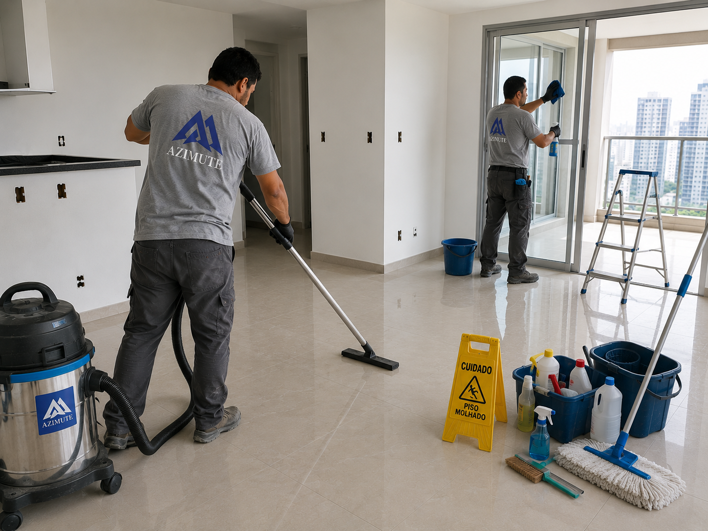Equipe Azimute na limpeza final de apartamento